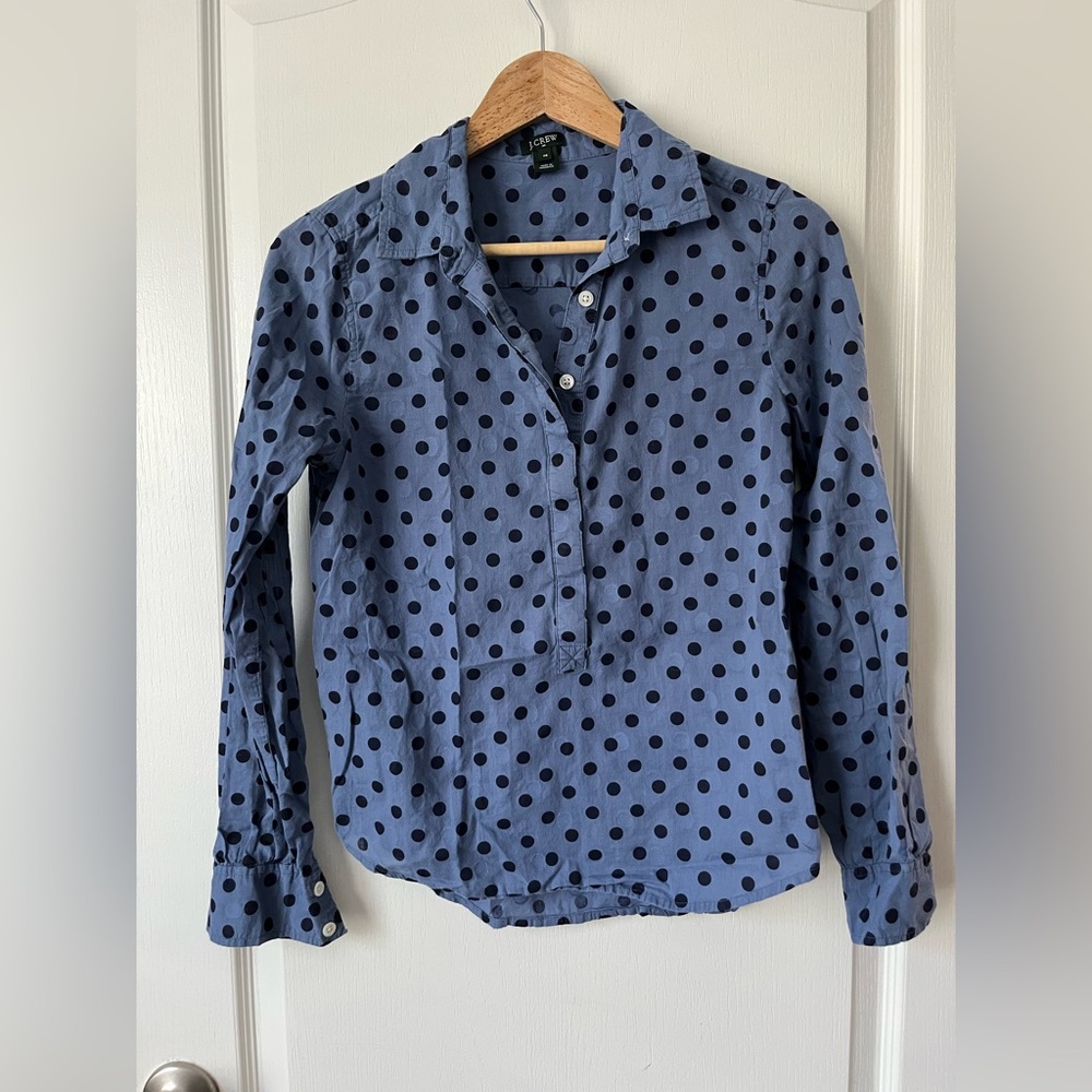 J. Crew, Popover Blue Dot Long Sleeve Half Button Shirt, XS